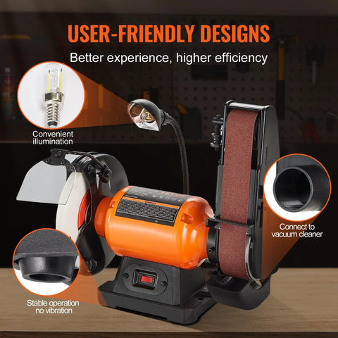 Heavy Duty Bench Grinder And Belt Sander Combo Featuring A Rock Solid 8 Inch Grinding Wheel With A Killer 2x28 Belt Sander Powered By A Smooth Running 2.5 Amp Induction Motor with user-friendly design features.