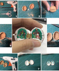Step-by-step DIY process of making a mini walnut Christmas ornament with brass hinge, using tools and materials.