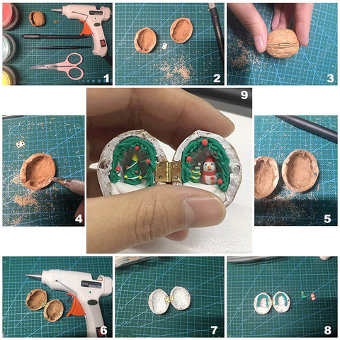 Step-by-step DIY process of making a mini walnut Christmas ornament with brass hinge, using tools and materials.