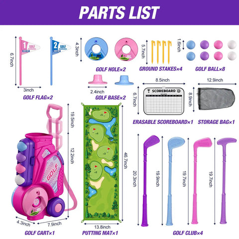 Toddler Golf Set For Kids Ages 2 To 5 With 4 Plastic Clubs, 8 Balls, Putting Mat, Scoreboard, Bag, Pink Golf Cart Toy