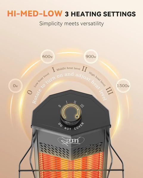 Go To Outdoor Infrared Patio Heater 1500W 36 Inch Tower with three heat levels dial settings IPX5 waterproof feature shown