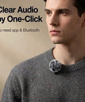 Man wearing Two Pack Wireless Lavalier Microphone Set For iPhone 15 And Android USB C With Adapter Included For Creators Noise Canceling Mini Lapel Mic For TikTok YouTube Recording Vlog And Facebook Live Streaming Pink on grey sweater, text 'Clear Audio by One-Click'