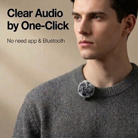 Man wearing Two Pack Wireless Lavalier Microphone Set For iPhone 15 And Android USB C With Adapter Included For Creators Noise Canceling Mini Lapel Mic For TikTok YouTube Recording Vlog And Facebook Live Streaming Pink on grey sweater, text 'Clear Audio by One-Click'