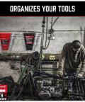 26 Pack Metal Wrench Organizer Set with wall-mounted trays in red and black, visible in a garage workshop setting.
