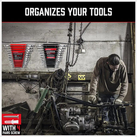 26 Pack Metal Wrench Organizer Set with wall-mounted trays in red and black, visible in a garage workshop setting.