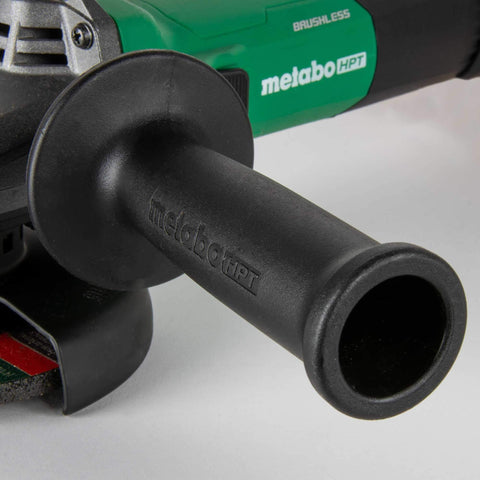 Close-up of powerful 4-1/2 inch angle grinder with 12 amp AC brushless motor, focusing on the three-position side handle.