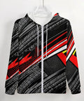 Mens Fire Graphic Zip Up Hoodie Heavy Cotton Fleece Jacket Street Style Drawstring Sweatshirt With Drip Ready Tread Texture For Daily Grind And Laid Back Activities XX Large front view showcasing red and black tire tread design.