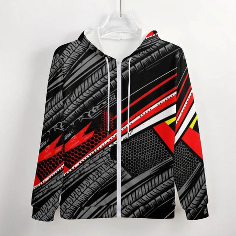 Mens Fire Graphic Zip Up Hoodie Heavy Cotton Fleece Jacket Street Style Drawstring Sweatshirt With Drip Ready Tread Texture For Daily Grind And Laid Back Activities XX Large front view showcasing red and black tire tread design.