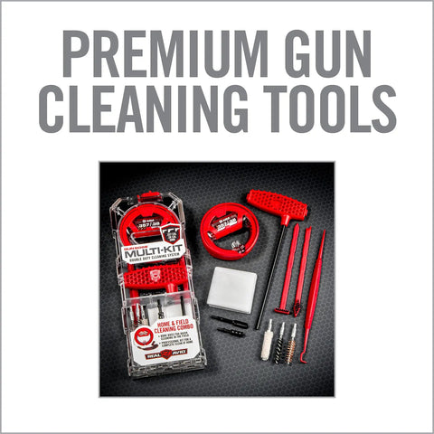 All In One 9mm Gun Cleaning Kit For 9mm 357 And 38 Cal Handguns with Bore Snake, brushes, rods, picks, red case shown.