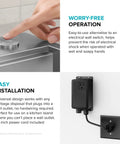 Hand pressing button of Garbage Disposal Air Switch Kit In Spot Free Stainless Steel with AC adapter and air tube installation details.