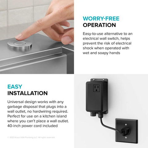 Hand pressing button of Garbage Disposal Air Switch Kit In Spot Free Stainless Steel with AC adapter and air tube installation details.