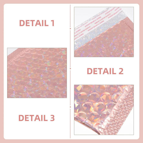 Close-up of Rose Pink Holographic Padded Mailers 25x30cm Self Seal Waterproof Shipping Bags, showing texture and seal strip, 10 pack