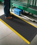 Person standing on Ergonomic Anti Fatigue Mat For Workshop 84 By 35 Inches Cushioned Memory Foam Floor Mat Anti Slip Durable