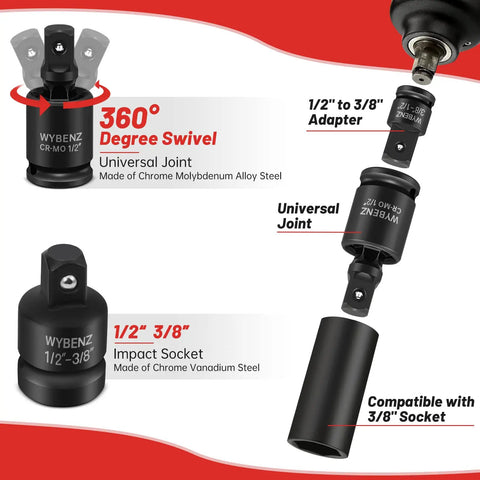 11 Piece Impact Socket Adapter And Reducer Set with universal joint wobble drive, includes adapters, reducers with 360 swivel view