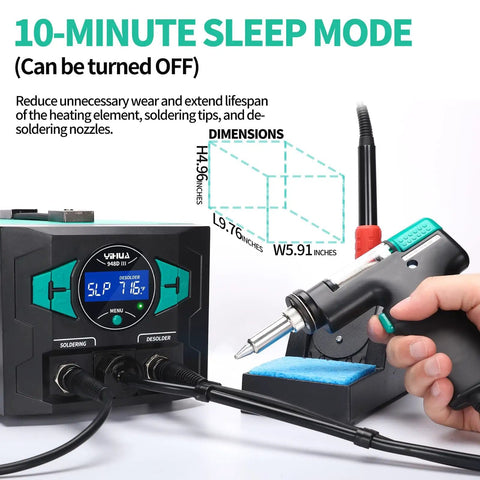 Pro Grade 110W EVO Soldering Station And Desoldering Kit With Vacuum Pump, focus on control panel and desoldering gun.