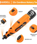 Badass 12V Cordless Rotary Tool Kit With 6 Variable Speeds Up To 25000 Rpm showcases an ergonomic body, removable battery, and adjustable settings.