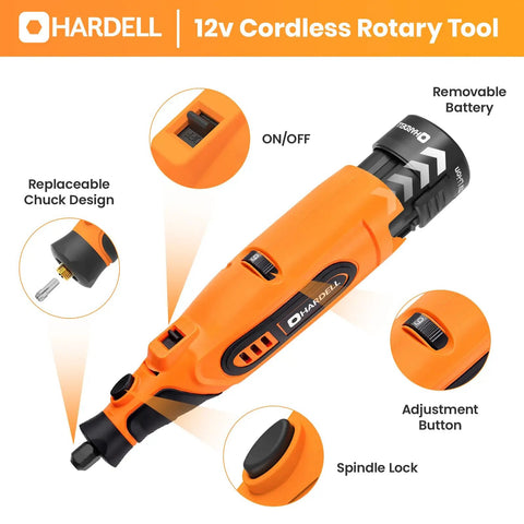Badass 12V Cordless Rotary Tool Kit With 6 Variable Speeds Up To 25000 Rpm showcases an ergonomic body, removable battery, and adjustable settings.