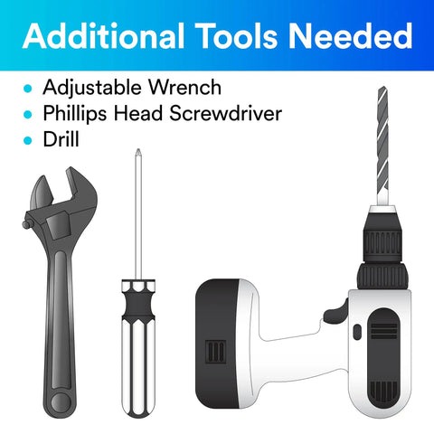 Additional tools needed for Under Sink Quick Change Water Filtration System 3US-AS01 installation: wrench, screwdriver, drill.