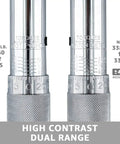 Close-up of the Beefy 1/2-Inch Drive Click Torque Wrench with high contrast dual range settings, 25-250 ft-lb and 33.9-338.9 Nm.