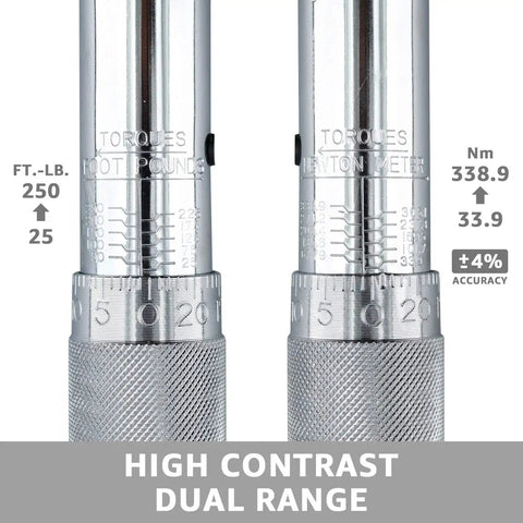 Close-up of the Beefy 1/2-Inch Drive Click Torque Wrench with high contrast dual range settings, 25-250 ft-lb and 33.9-338.9 Nm.