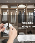 Hands holding a closet divider with "Bendable, Easy to use," featuring 30 Pack White Closet Dividers for Baby Clothes in a wardrobe.