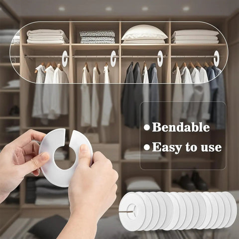 Hands holding a closet divider with "Bendable, Easy to use," featuring 30 Pack White Closet Dividers for Baby Clothes in a wardrobe.