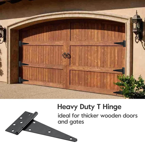 10 Inch Heavy Duty Gate Hinges For Wooden Fences Shed Doors And Outdoor Barns In Black Durable Iron T Strap Gate Hinges installed on wooden gate