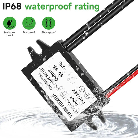 10-32V DC To 5V USB Buck Converter Module, 3A 15W Power Adapter shown with waterproof feature, submerged in water.