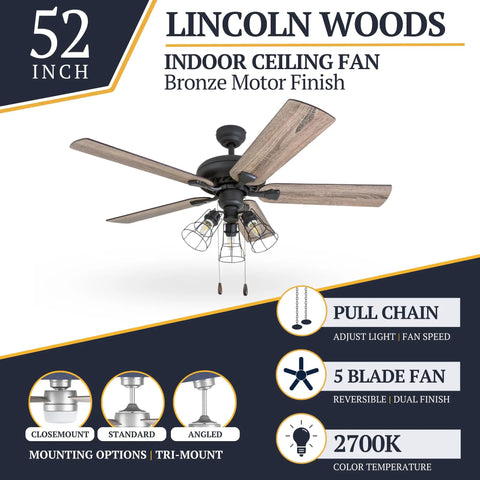 52-Inch Industrial Style LED Ceiling Fan With Light Kit, bronze finish, Edison style cage lights, dual finish barn wood blades