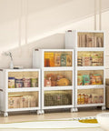 Top Shelf Clear Lidded Storage Bins 19 5 Gallon No Sweat Foldable Crates For Dorm Closet And Car Organization Heavy Duty Collapsible Containers Easy Stack 3 Pack Set displayed in a modern room organizing various items.