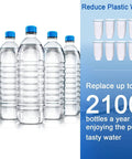 Image comparing bottled water to ZR-017 Replacement Water Filter For Pitchers And Dispensers, 8 Pack, reduces plastic waste.