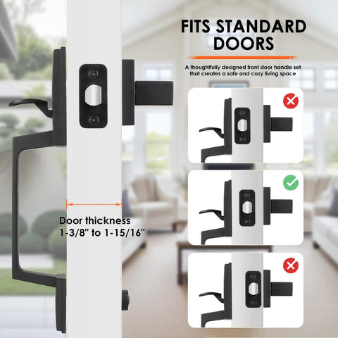Matte Black Front Door Handle Set With Single Cylinder Exterior Entry Lever Reversible For Right Or Left Handed Doors Built Tough Zinc Alloy Build Durable Electroplated Finish Easy Install focusing on fit and direction demonstration on standard doors