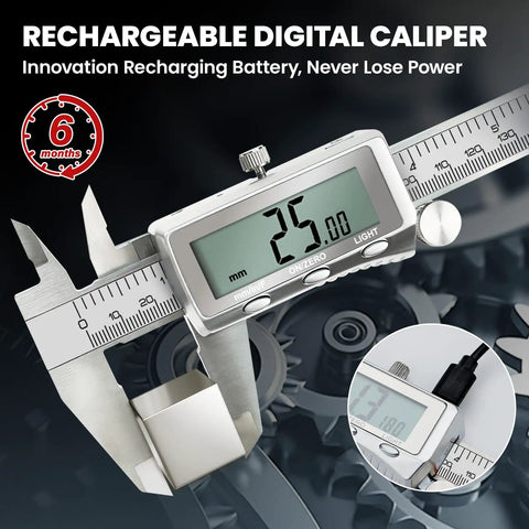 Six Inch Digital Caliper With Rechargeable Battery Backlit LCD Screen, shown measuring objects, USB port in detail.