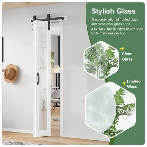 Bifold Barn Door 36x84 Inch Double 18x84 Transparent White Frosted Glass Cross Sliding Door With 40 Inch Hardware Kit Included