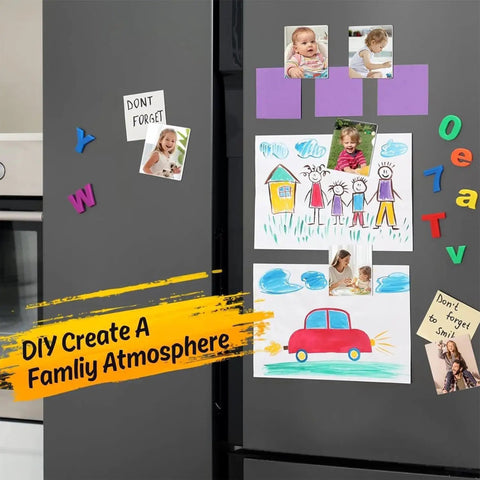 Refrigerator decorated with DIY photo magnets and drawings using 100 Set Rectangle Fridge Magnet Maker Kit With 3.15x2.1 Inch Press Supplies.