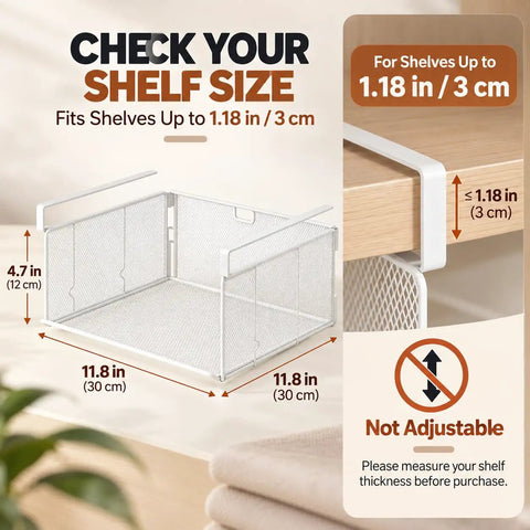 2 Pack Underwear Closet Organizer With Under Shelf Hanging Baskets fits shelves up to 1.18in, white mesh, 11.8 x 4.7in. Ideal for storage.