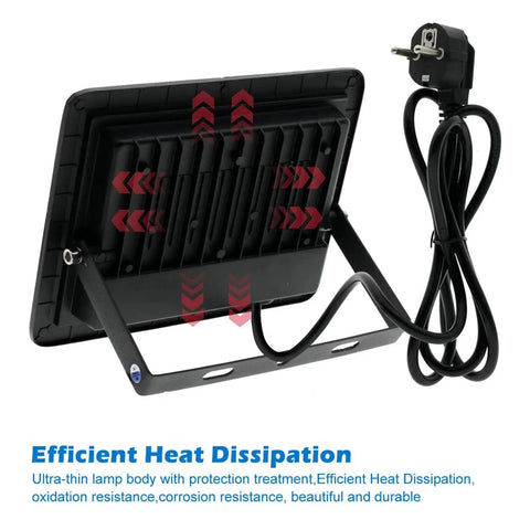 JUDYSSY Led Uv Floodlight 220 back view showing efficient heat dissipation with power cord, IP66 waterproof design.