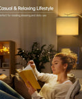 Woman reading under Arched LED Floor Lamp With Linen Shade And Double Layer Lampshade, Tall Modern Standing Light With E26 Socket