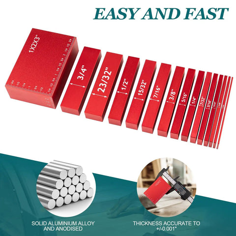 15 Piece Setup Block Set for Woodworking, Pro Grade Aluminum Height Gauges displayed with measurements for router and table saw use
