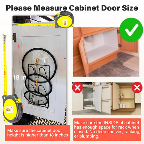 Two Pack Pot Lid Organizer Rack For Cabinet Door And Wall Mounts, Six Tier Lids Holder, installed on cabinet door with tape measure showing 18 inches height.