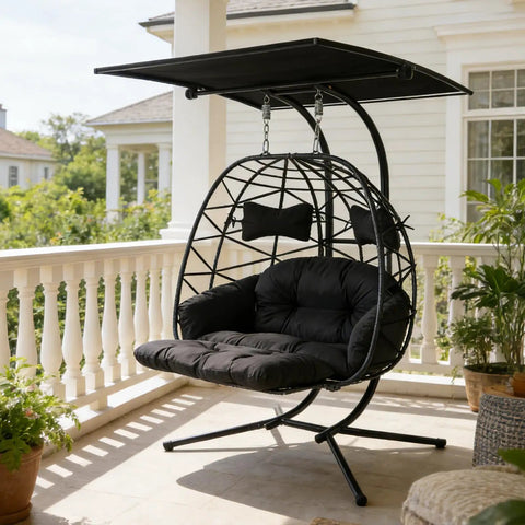 Two Person Outdoor Double Egg Chair With Stand And Adjustable Canopy For Patio And Garden, ideal for backyard lounging, black