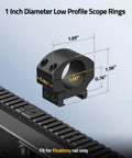 1 inch diameter low profile scope rings for standard Picatinny rails, made of aluminum for precision optic mounting.