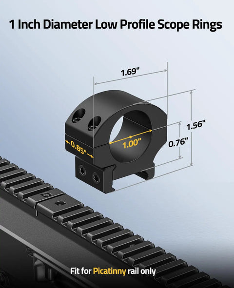 1 inch diameter low profile scope rings for standard Picatinny rails, made of aluminum for precision optic mounting.