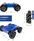 XiaoR Geek smart robot chassis with blue metal frame and four 97mm omnidirectional mecanum wheels