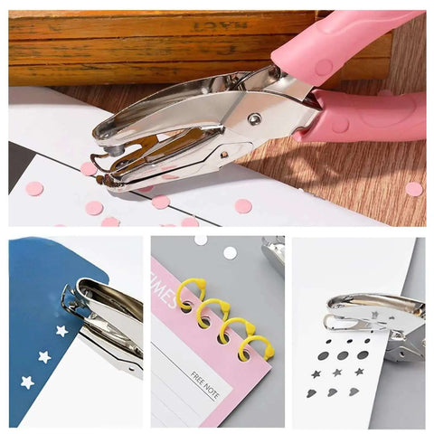 Dual Shape One Quarter Inch Star And Heart Hole Punch Handheld Paper Craft Puncher With Pink Soft Grip Handle punching paper