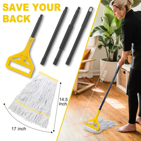 Heavy Duty Commercial Mop With 3 Extra Large Replacement Heads And A 59 Inch Long Handle, Looped End String Wet Cotton Mop