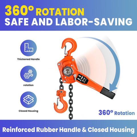 Beefy 6600 Lbs Capacity Lever Chain Hoist With 10 Ft Chain Come Along Double Pawl Brake featuring 360 rotation and rubber handle.
