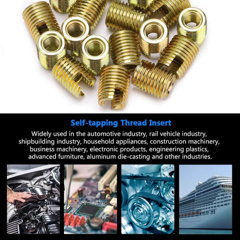 Self Tapping Thread Inserts Kit For Auto And Furniture Repairs Heavy Duty Pro Grade Carbon Steel With Yellow Zinc Finish Inner M2 x 0.4 And Outer M4.5 x 0.5 Threads 6mm Length 20 Piece Pack For Restoring Damaged Threads., gold self-tapping thread inserts pack