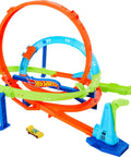 Action Loop Cyclone Challenge Car Track Set With Boomerang Loops, 18 inch tall raceway, colorful loops and track, 1:64 scale vehicle
