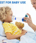 Child using Kid And Adult Friendly Inhaler Spacer Kit With Two Masks For Easy Aerosol Delivery From Metered Dose Inhalers